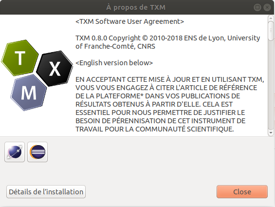 Fenêtre à propos de TXM.