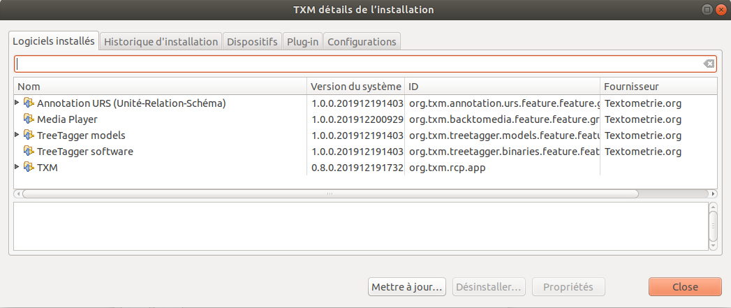 Version courante détaillée de TXM et de ses composants.
