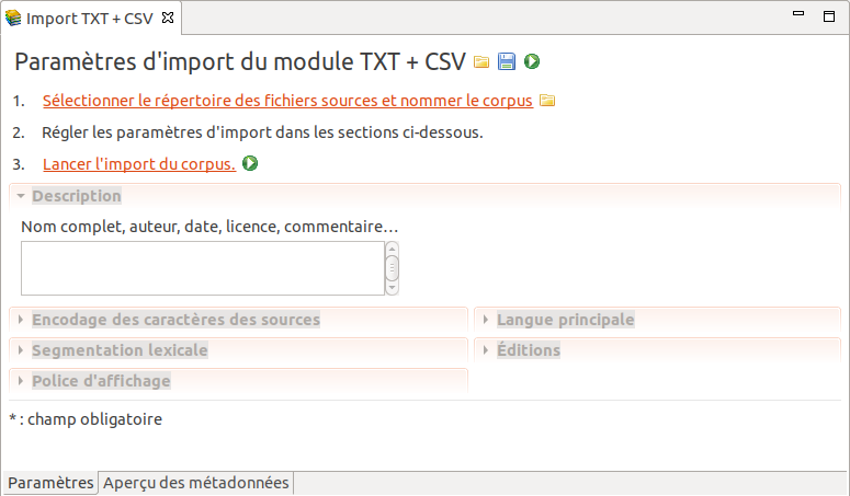 Formulaire vide des paramètres du module d’import `TXT + CSV`.