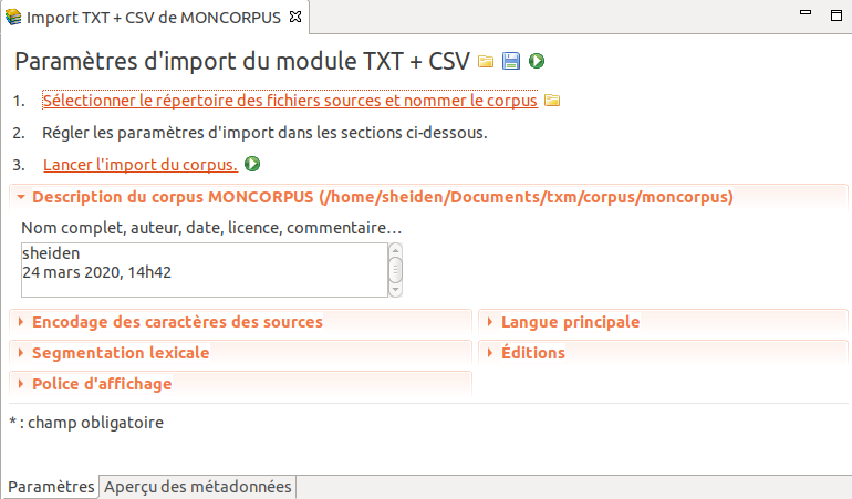 Paramètres du module d’import `TXT + CSV`.