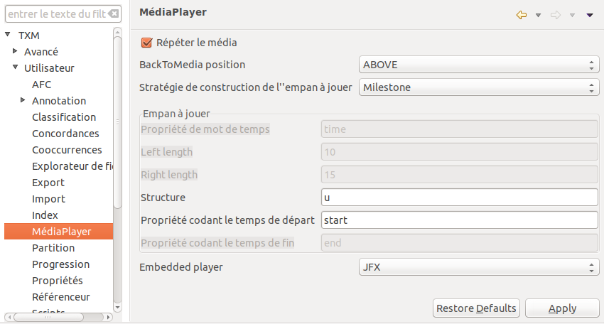 Paramètres du lecteur multimedia.