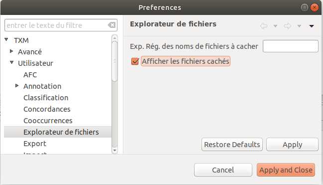 Préférences de l’explorateur de fichiers de TXM. 