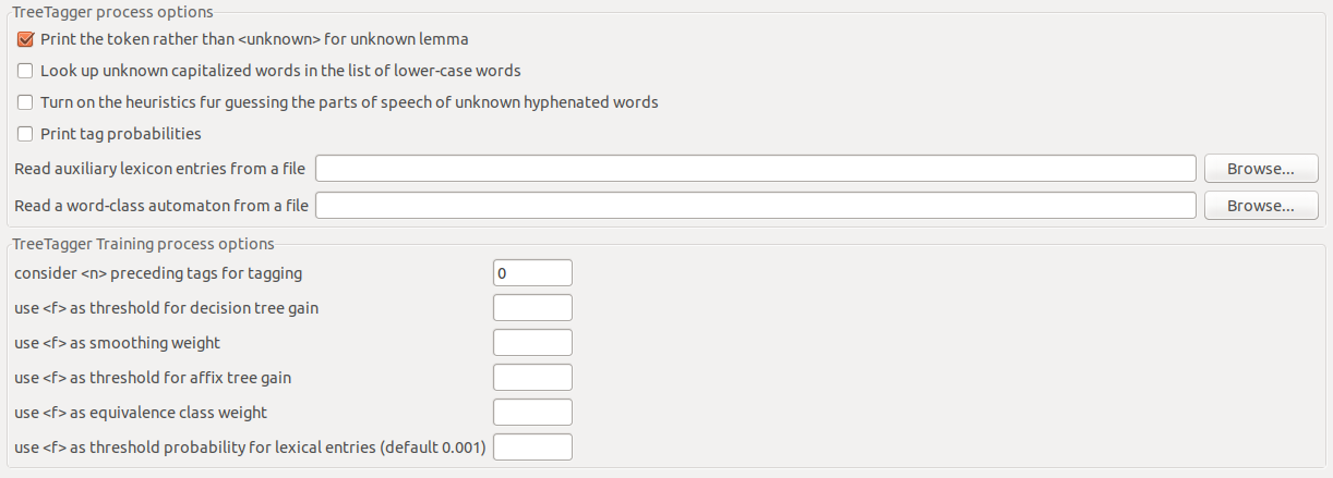 Préférences de paramètres d’appel de TreeTagger.