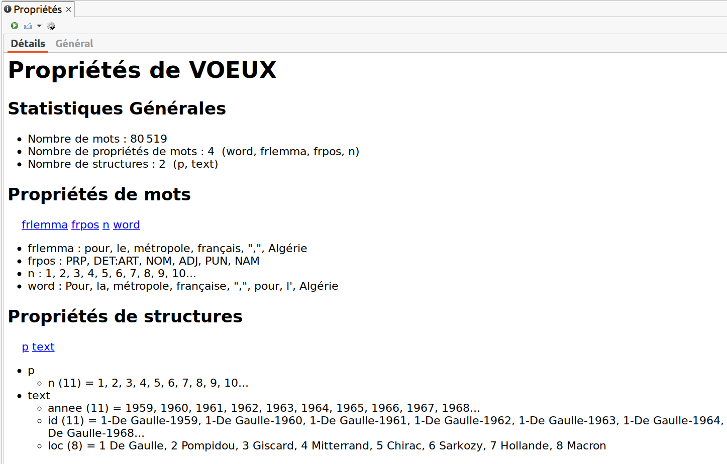 Onglet 'Détails' des propriétés du corpus VOEUX.