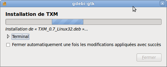 Fenêtre de progression de l’installation.