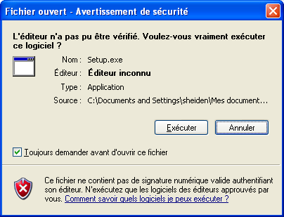 Avertissement de sécurité d’installation de Microsoft