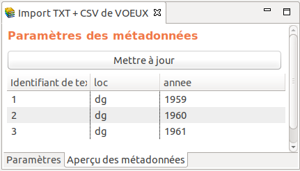 Aperçu des métadonnées du fichier « metadata.ods » du corpus VOEUX.