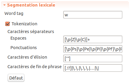 Paramètre `Segmentation lexicale XML`.
